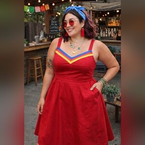 ModCloth Retro Fit & Flare Dress Red Rainbow Trim Festival Plus Size 20